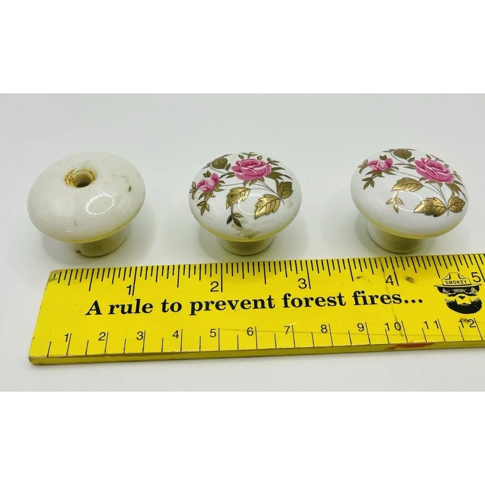 LOT Of 3 VTG Porcelain/Ceramic Drawer/Cabinet Knobs 2 With Pink Roses And Gold.